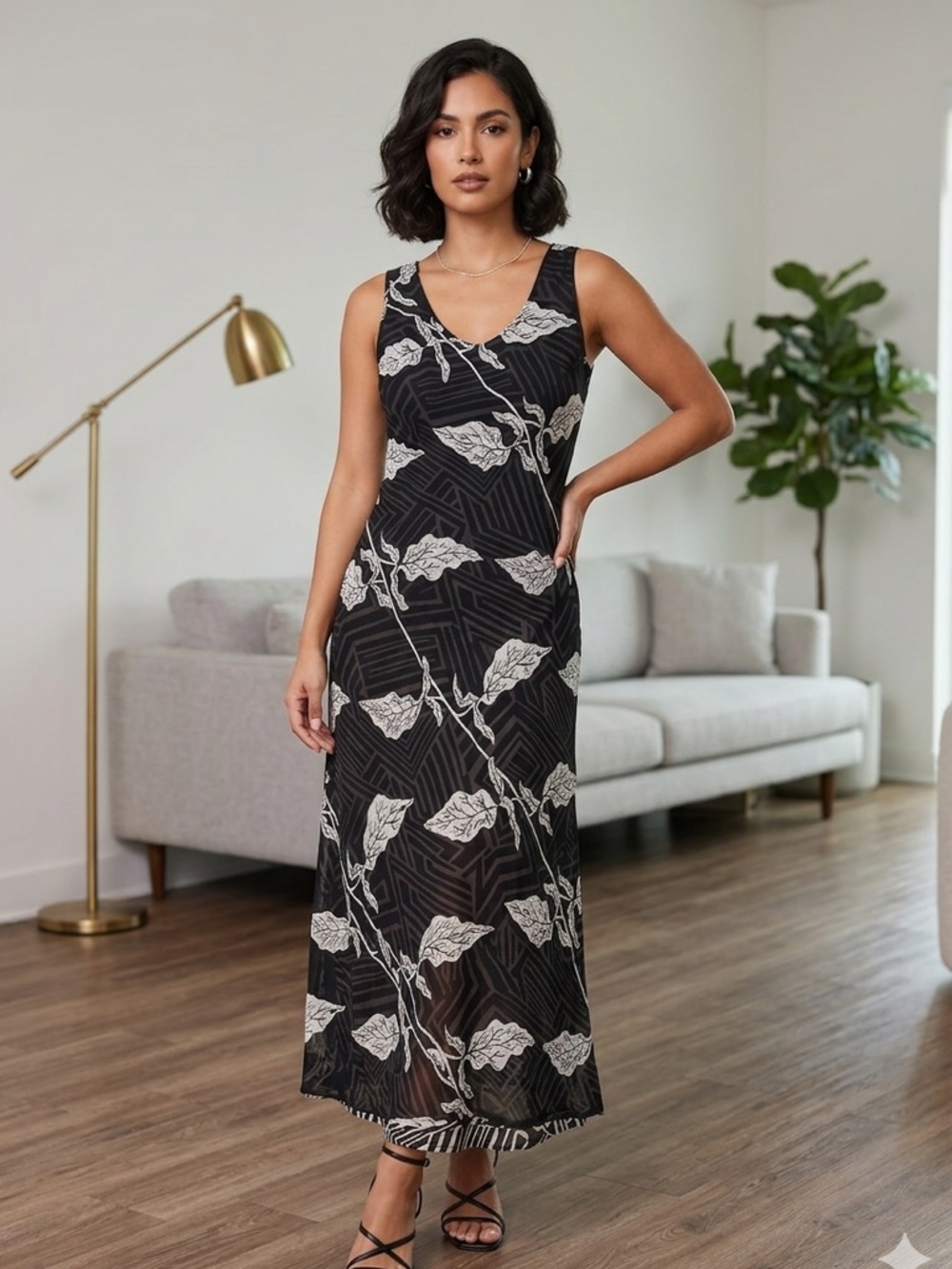 Magic london  Vintage Reversible Mesh Maxi Dress XL Black White Floral Abstract